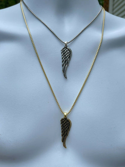 HarlemBling Real 925 Sterling Silver Angel Wing Feather Pendant Necklace Gold Mens Womens