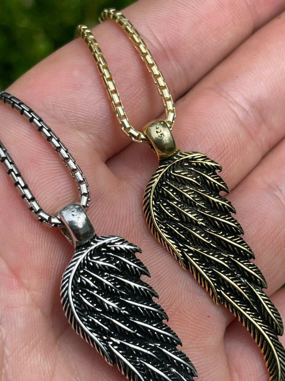 HarlemBling Real 925 Sterling Silver Angel Wing Feather Pendant Necklace Gold Mens Womens