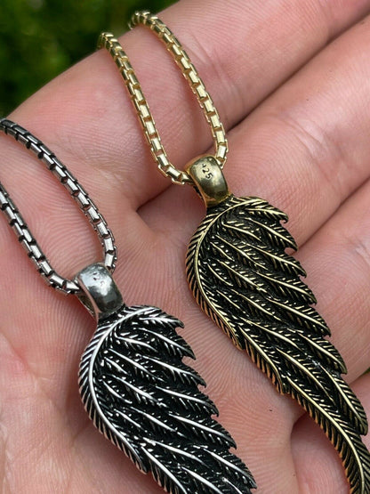 HarlemBling Real 925 Sterling Silver Angel Wing Feather Pendant Necklace Gold Mens Womens