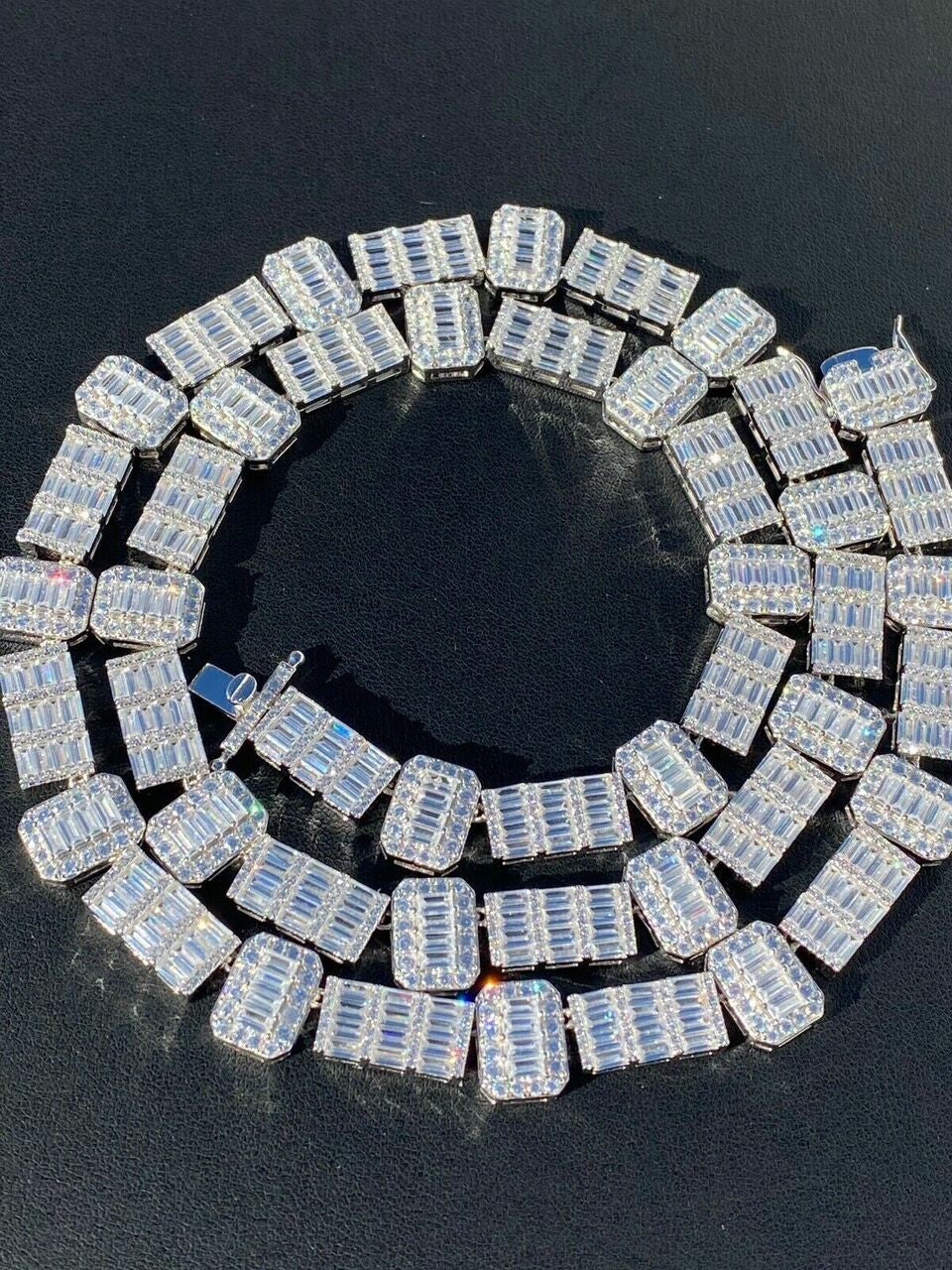 HarlemBling Real 925 Sterling Silver Baguette Link Chain Iced 13mm Mens Necklace Bust Down Chain