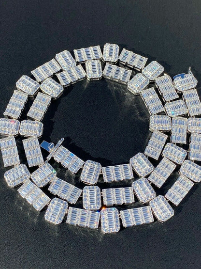 HarlemBling Real 925 Sterling Silver Baguette Link Chain Iced 13mm Mens Necklace Bust Down Chain