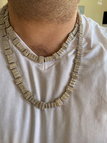 HarlemBling Real 925 Sterling Silver Baguette Link Chain Iced 13mm Mens Necklace Bust Down Chain