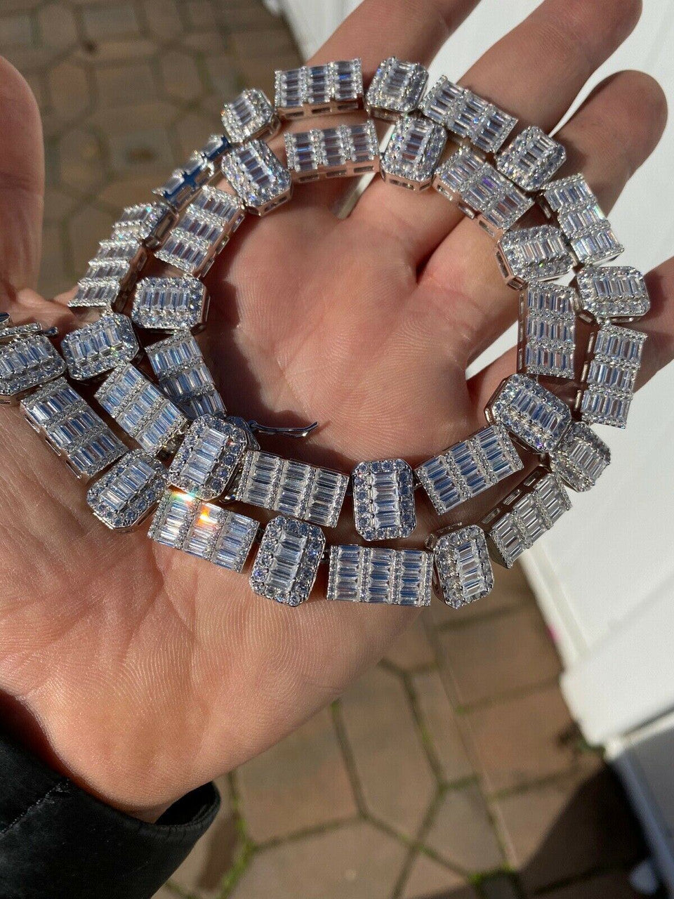 HarlemBling Real 925 Sterling Silver Baguette Link Chain Iced 13mm Mens Necklace Bust Down Chain