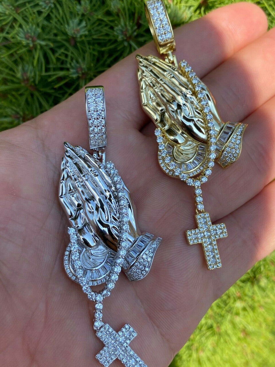 HarlemBling Real 925 Sterling Silver Big 3 Praying Hands Cross Mens Pendant Necklace ICED