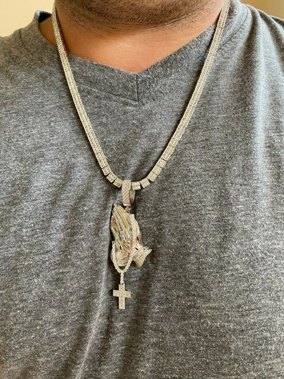 HarlemBling Real 925 Sterling Silver Big 3 Praying Hands Cross Mens Pendant Necklace ICED