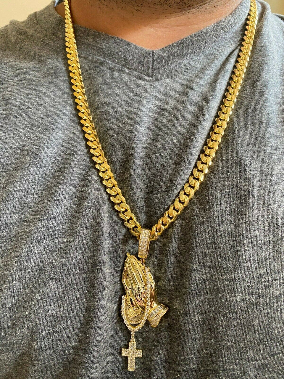 HarlemBling Real 925 Sterling Silver Big 3 Praying Hands Cross Mens Pendant Necklace ICED