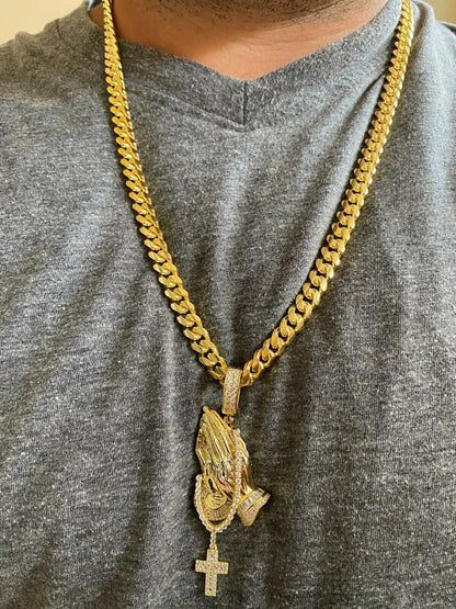 HarlemBling Real 925 Sterling Silver Big 3 Praying Hands Cross Mens Pendant Necklace ICED