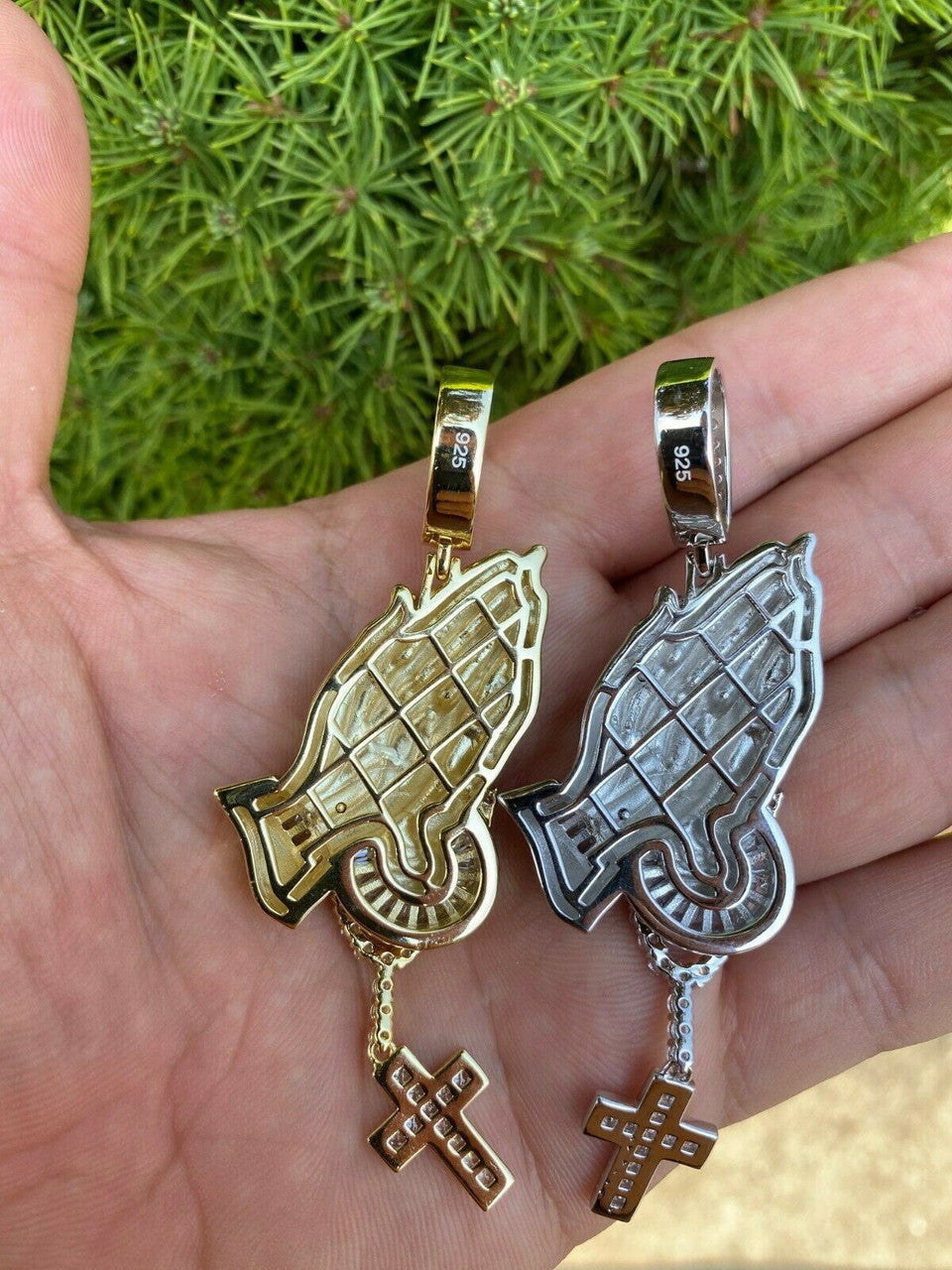 HarlemBling Real 925 Sterling Silver Big 3 Praying Hands Cross Mens Pendant Necklace ICED