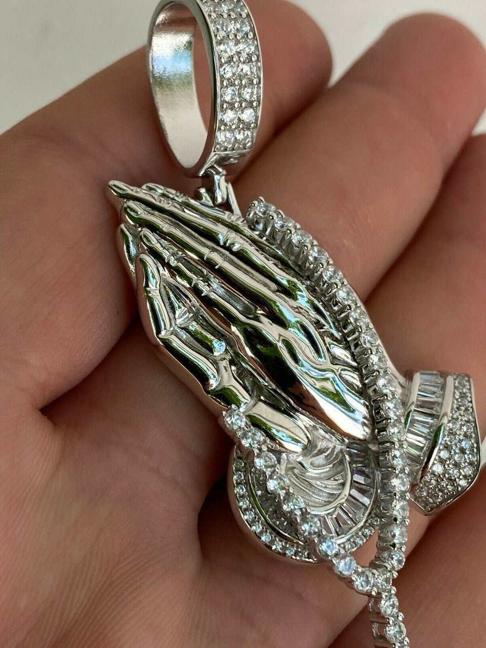 HarlemBling Real 925 Sterling Silver Big 3 Praying Hands Cross Mens Pendant Necklace ICED