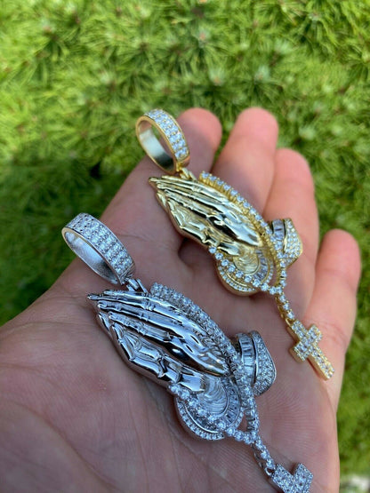 HarlemBling Real 925 Sterling Silver Big 3 Praying Hands Cross Mens Pendant Necklace ICED