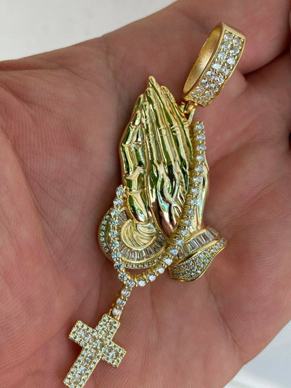 HarlemBling Real 925 Sterling Silver Big 3 Praying Hands Cross Mens Pendant Necklace ICED