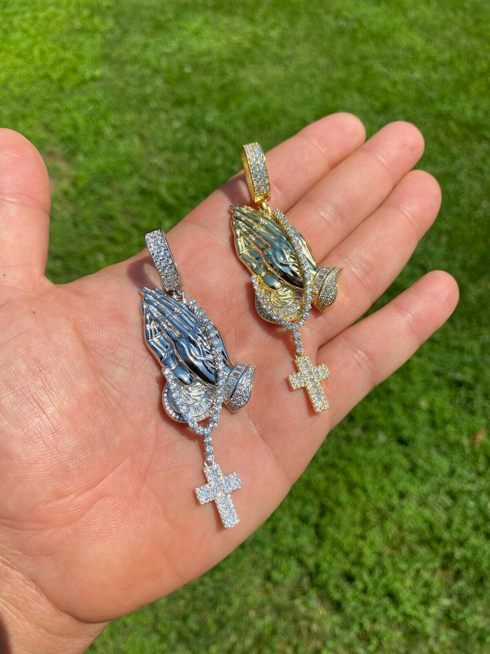 HarlemBling Real 925 Sterling Silver Big 3 Praying Hands Cross Mens Pendant Necklace ICED