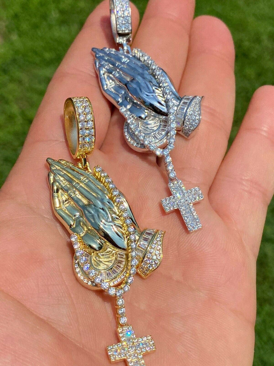 HarlemBling Real 925 Sterling Silver Big 3 Praying Hands Cross Mens Pendant Necklace ICED