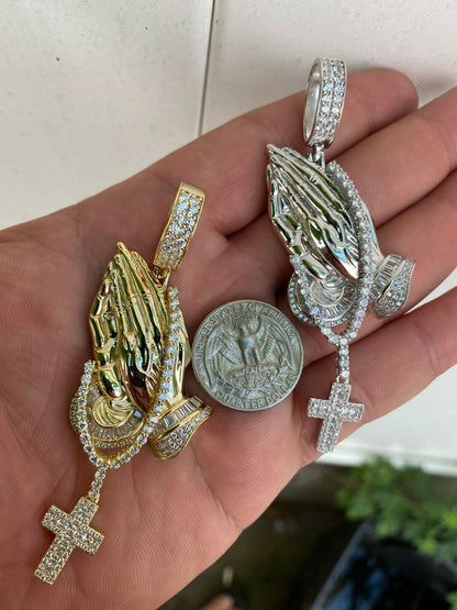 HarlemBling Real 925 Sterling Silver Big 3 Praying Hands Cross Mens Pendant Necklace ICED