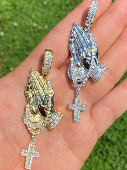 HarlemBling Real 925 Sterling Silver Big 3 Praying Hands Cross Mens Pendant Necklace ICED