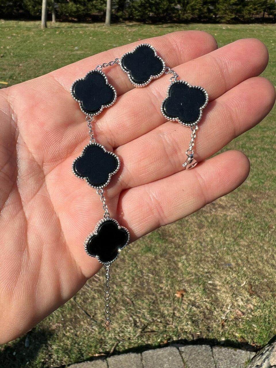 HarlemBling Real 925 Sterling Silver Black Onyx Alhambra Leaf Clover Flower Bracelet 6-7.5