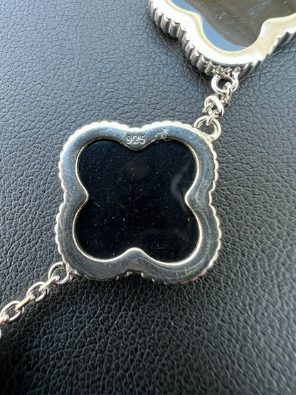 HarlemBling Real 925 Sterling Silver Black Onyx Alhambra Leaf Clover Flower Bracelet 6-7.5
