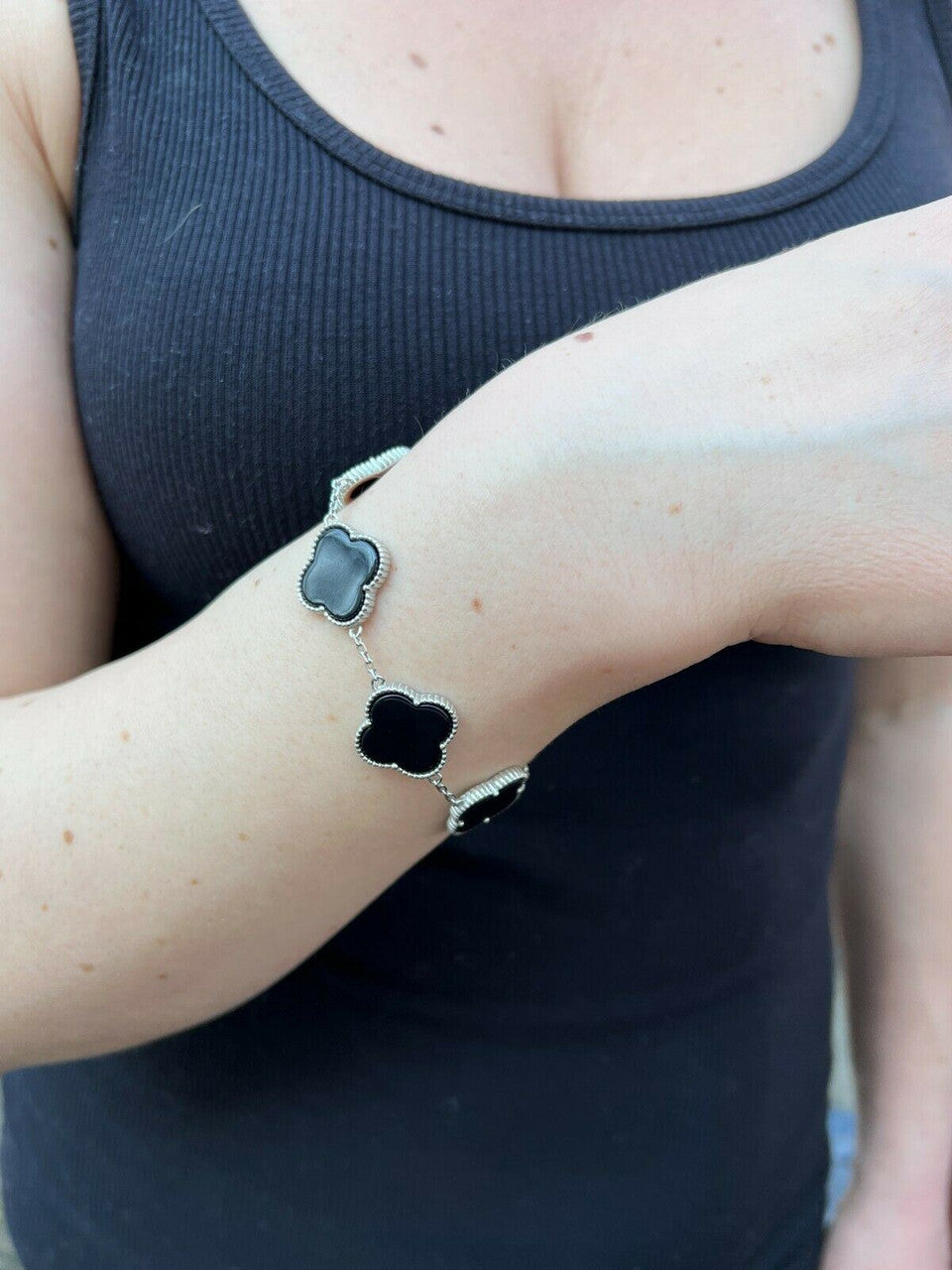 HarlemBling Real 925 Sterling Silver Black Onyx Alhambra Leaf Clover Flower Bracelet 6-7.5