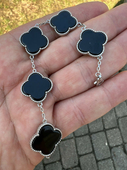 HarlemBling Real 925 Sterling Silver Black Onyx Alhambra Leaf Clover Flower Bracelet 6-7.5