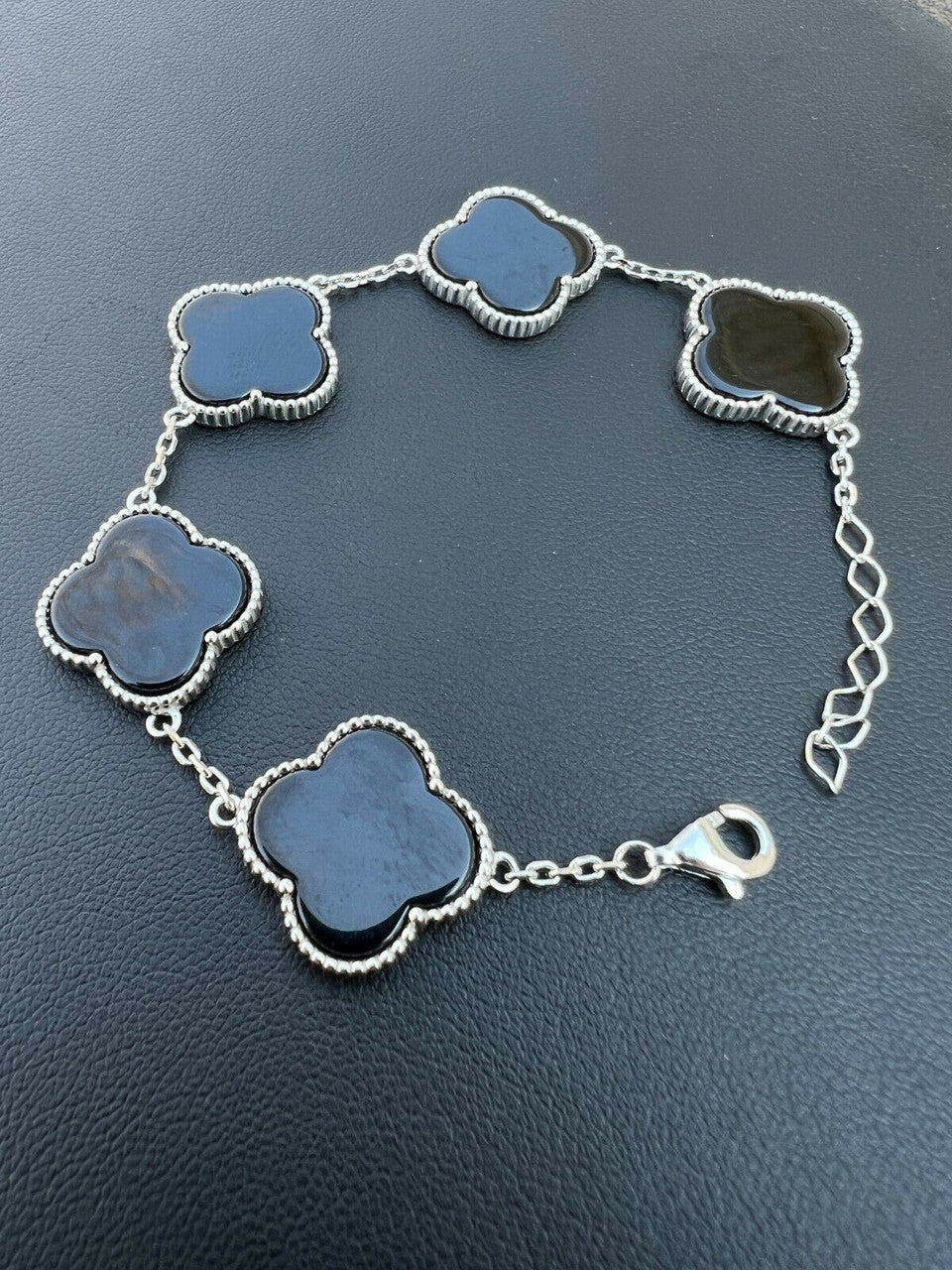 HarlemBling Real 925 Sterling Silver Black Onyx Alhambra Leaf Clover Flower Bracelet 6-7.5