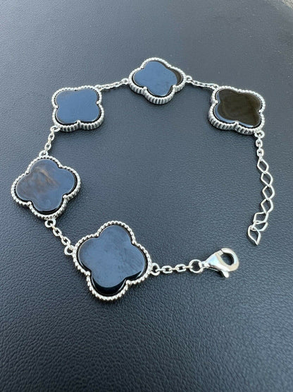 HarlemBling Real 925 Sterling Silver Black Onyx Alhambra Leaf Clover Flower Bracelet 6-7.5