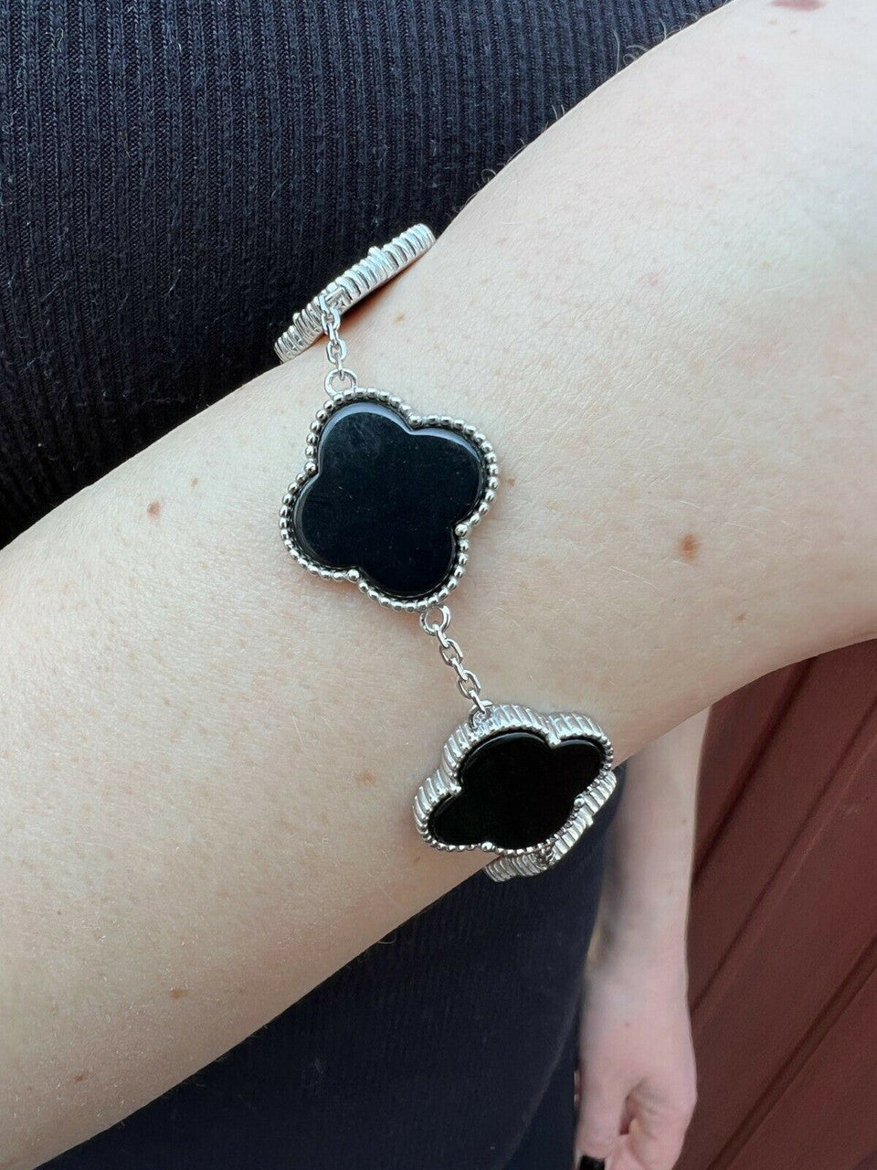 HarlemBling Real 925 Sterling Silver Black Onyx Alhambra Leaf Clover Flower Bracelet 6-7.5