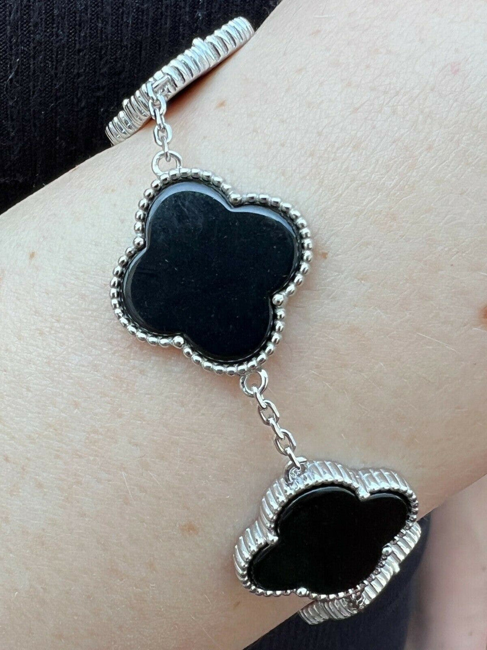 HarlemBling Real 925 Sterling Silver Black Onyx Alhambra Leaf Clover Flower Bracelet 6-7.5