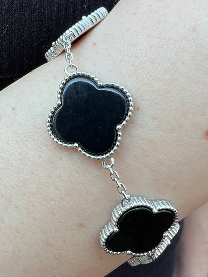 HarlemBling Real 925 Sterling Silver Black Onyx Alhambra Leaf Clover Flower Bracelet 6-7.5