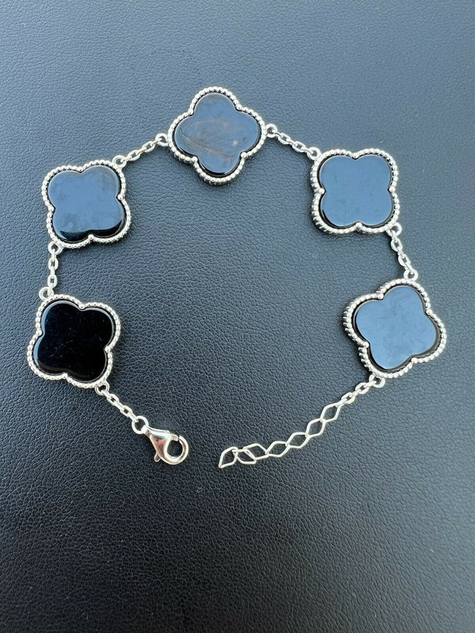 HarlemBling Real 925 Sterling Silver Black Onyx Alhambra Leaf Clover Flower Bracelet 6-7.5