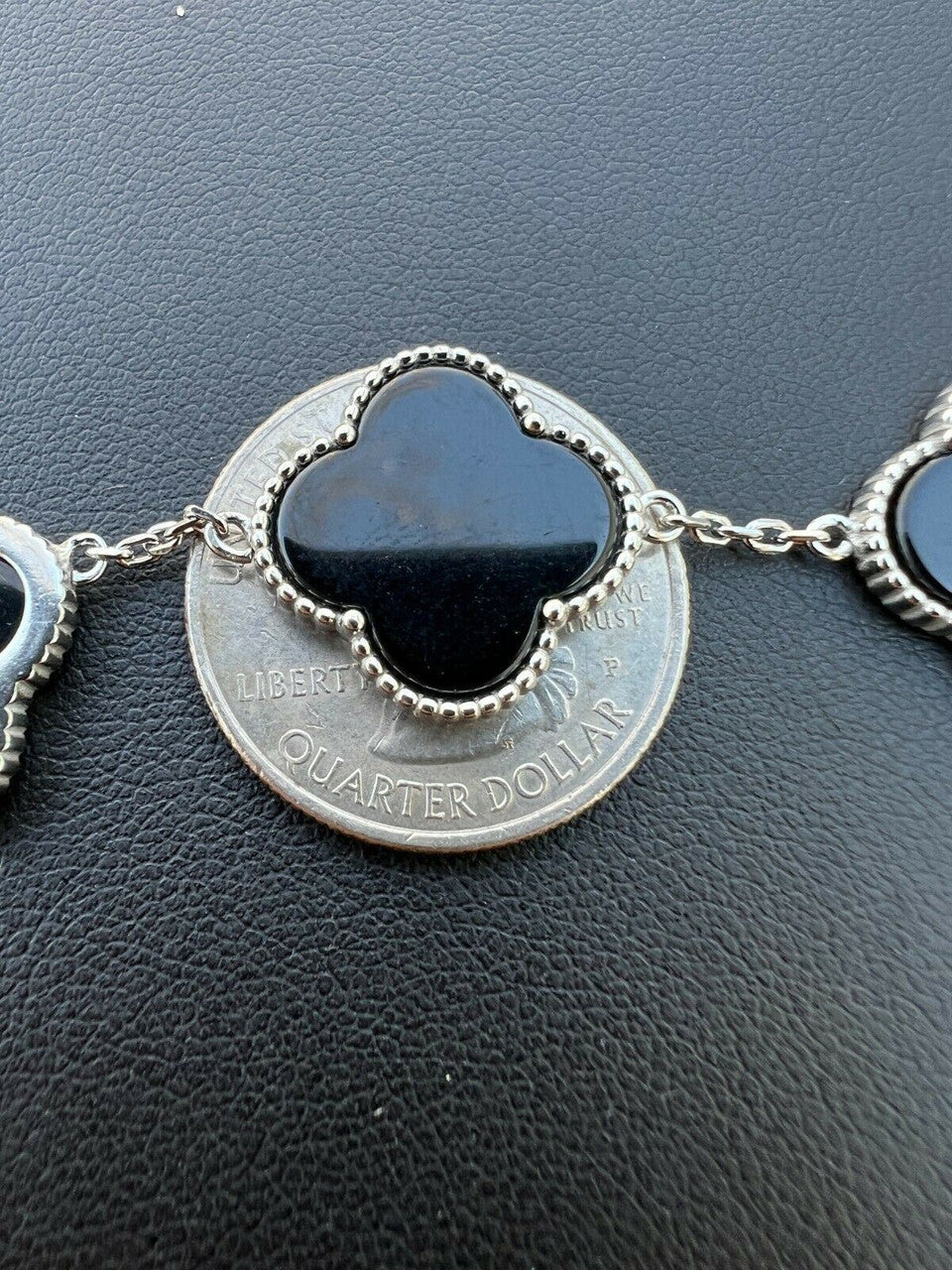 HarlemBling Real 925 Sterling Silver Black Onyx Alhambra Leaf Clover Flower Bracelet 6-7.5