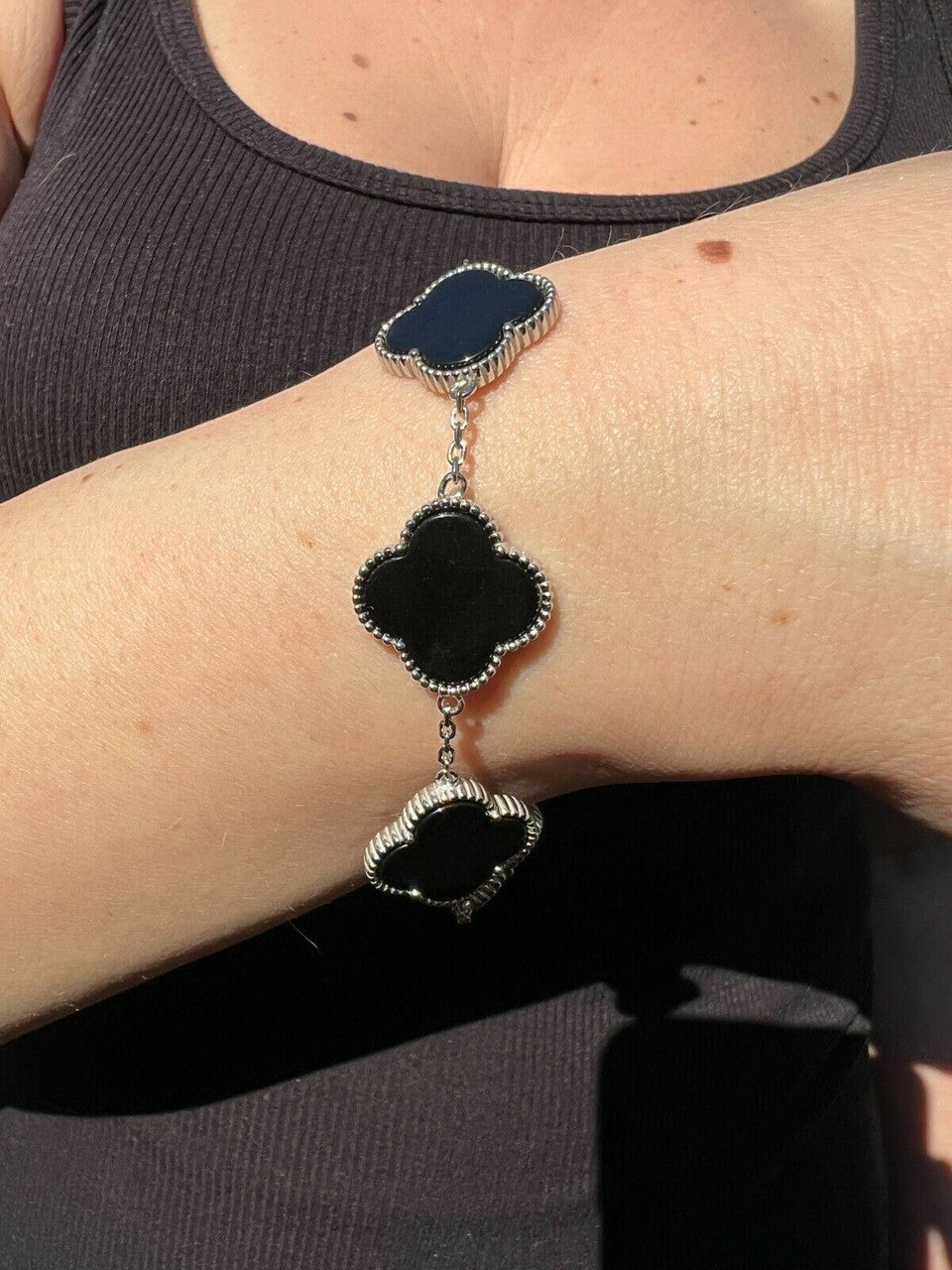HarlemBling Real 925 Sterling Silver Black Onyx Alhambra Leaf Clover Flower Bracelet 6-7.5