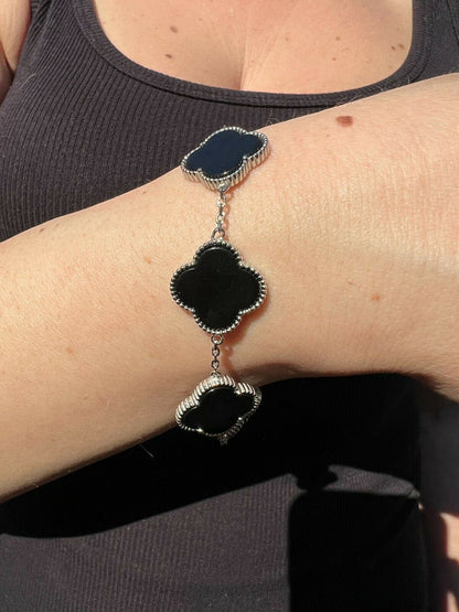 HarlemBling Real 925 Sterling Silver Black Onyx Alhambra Leaf Clover Flower Bracelet 6-7.5