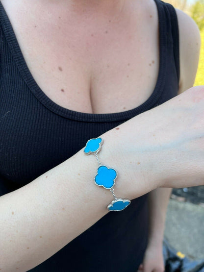 HarlemBling Real 925 Sterling Silver Blue Turquoise Four Leaf Clover Flower Bracelet 6-7.5