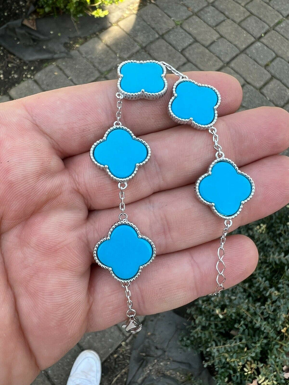 HarlemBling Real 925 Sterling Silver Blue Turquoise Four Leaf Clover Flower Bracelet 6-7.5