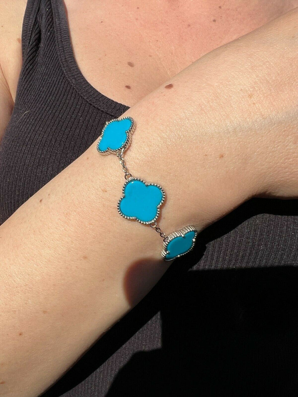 HarlemBling Real 925 Sterling Silver Blue Turquoise Four Leaf Clover Flower Bracelet 6-7.5