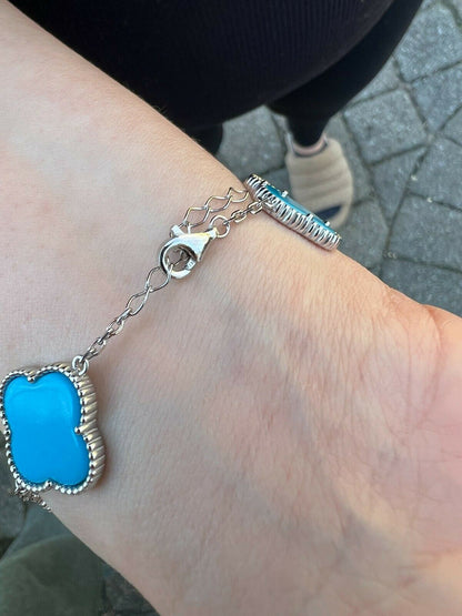 HarlemBling Real 925 Sterling Silver Blue Turquoise Four Leaf Clover Flower Bracelet 6-7.5