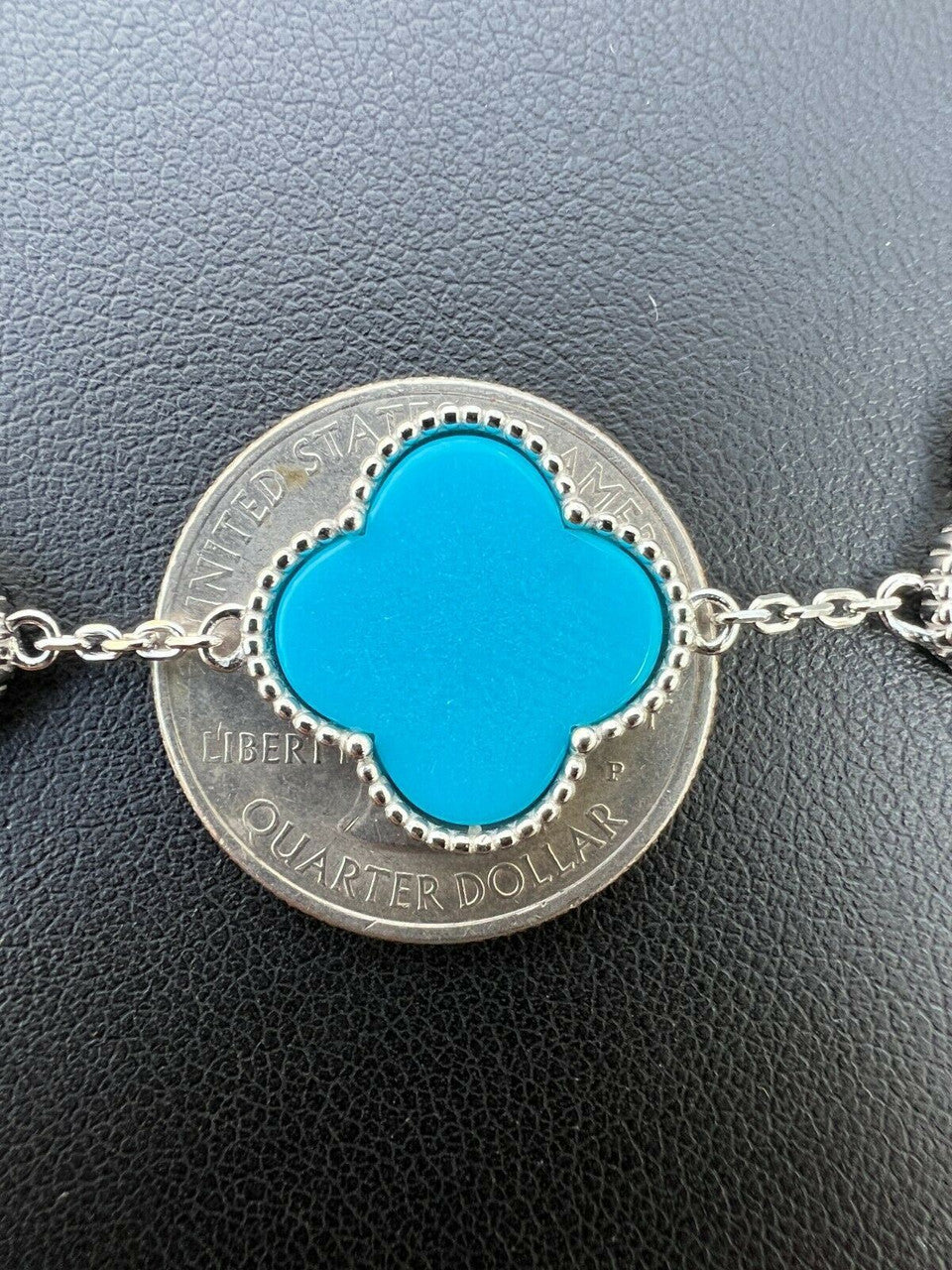 HarlemBling Real 925 Sterling Silver Blue Turquoise Four Leaf Clover Flower Bracelet 6-7.5