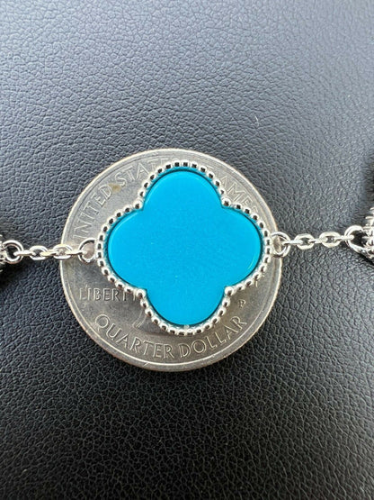 HarlemBling Real 925 Sterling Silver Blue Turquoise Four Leaf Clover Flower Bracelet 6-7.5