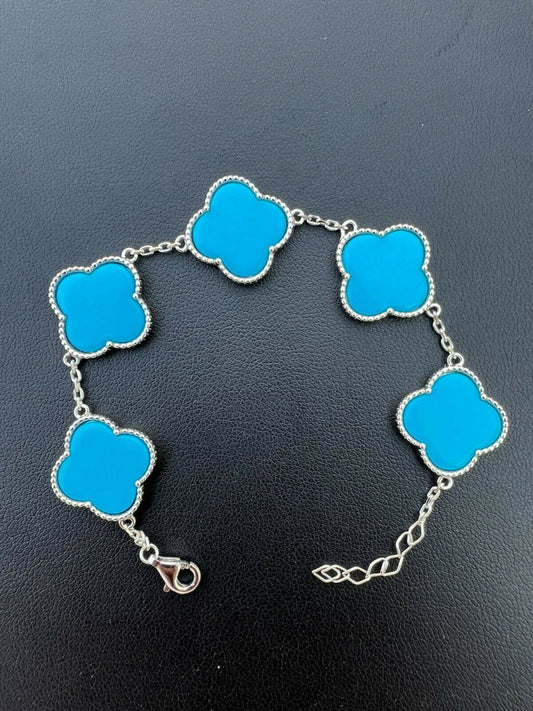 HarlemBling Real 925 Sterling Silver Blue Turquoise Four Leaf Clover Flower Bracelet 6-7.5