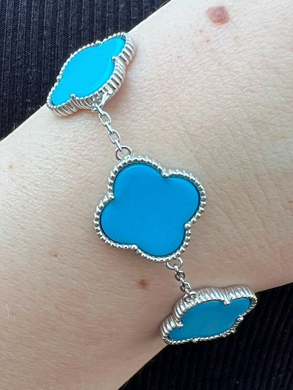 HarlemBling Real 925 Sterling Silver Blue Turquoise Four Leaf Clover Flower Bracelet 6-7.5
