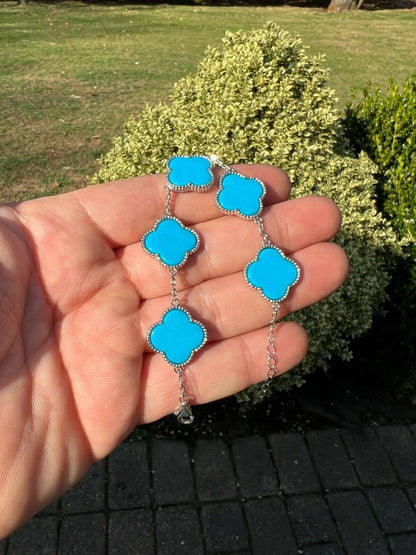 HarlemBling Real 925 Sterling Silver Blue Turquoise Four Leaf Clover Flower Bracelet 6-7.5