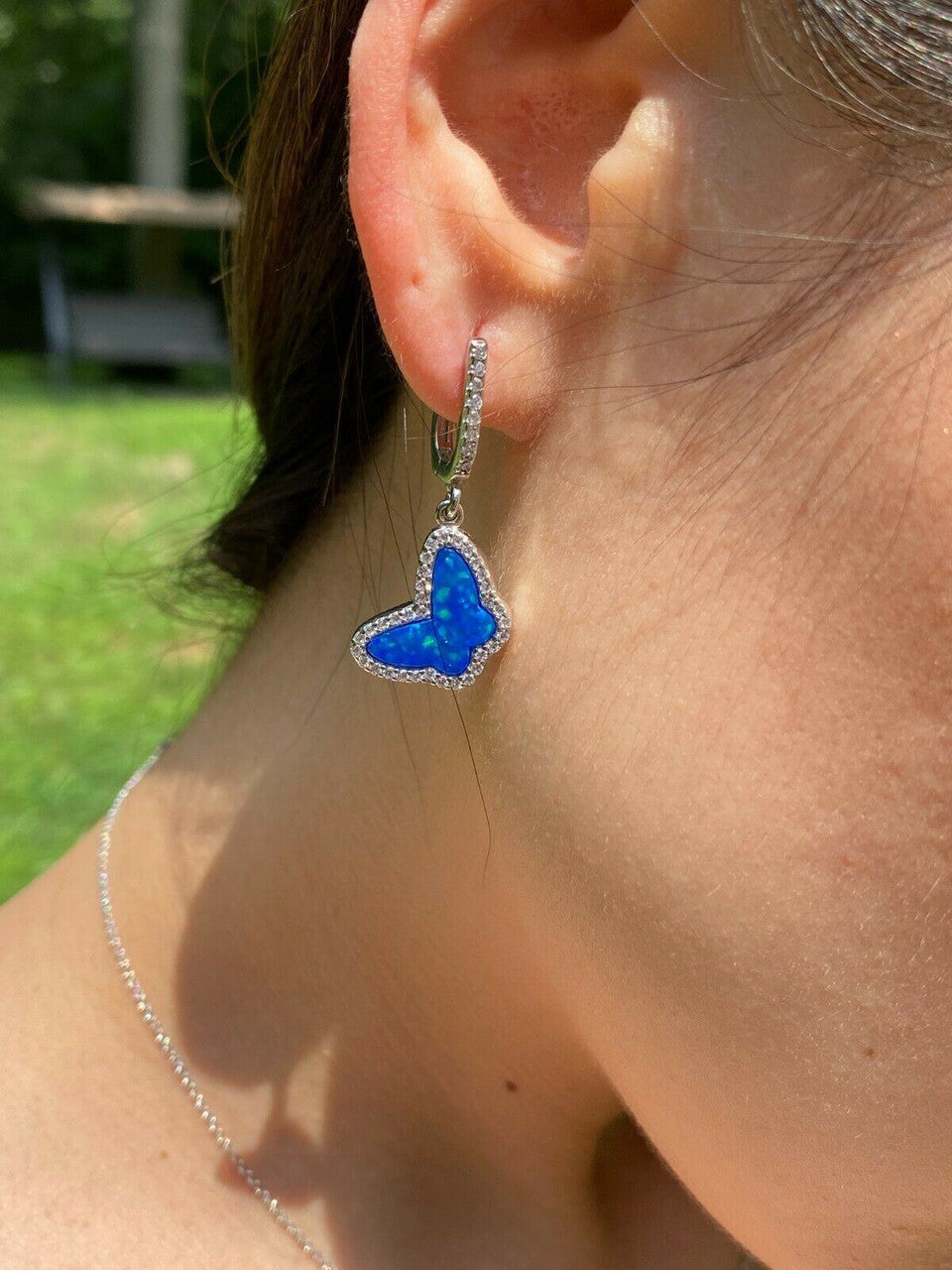 HarlemBling Real 925 Sterling Silver Butterfly Blue Opal Ring Necklace and Earrings Ladies Set