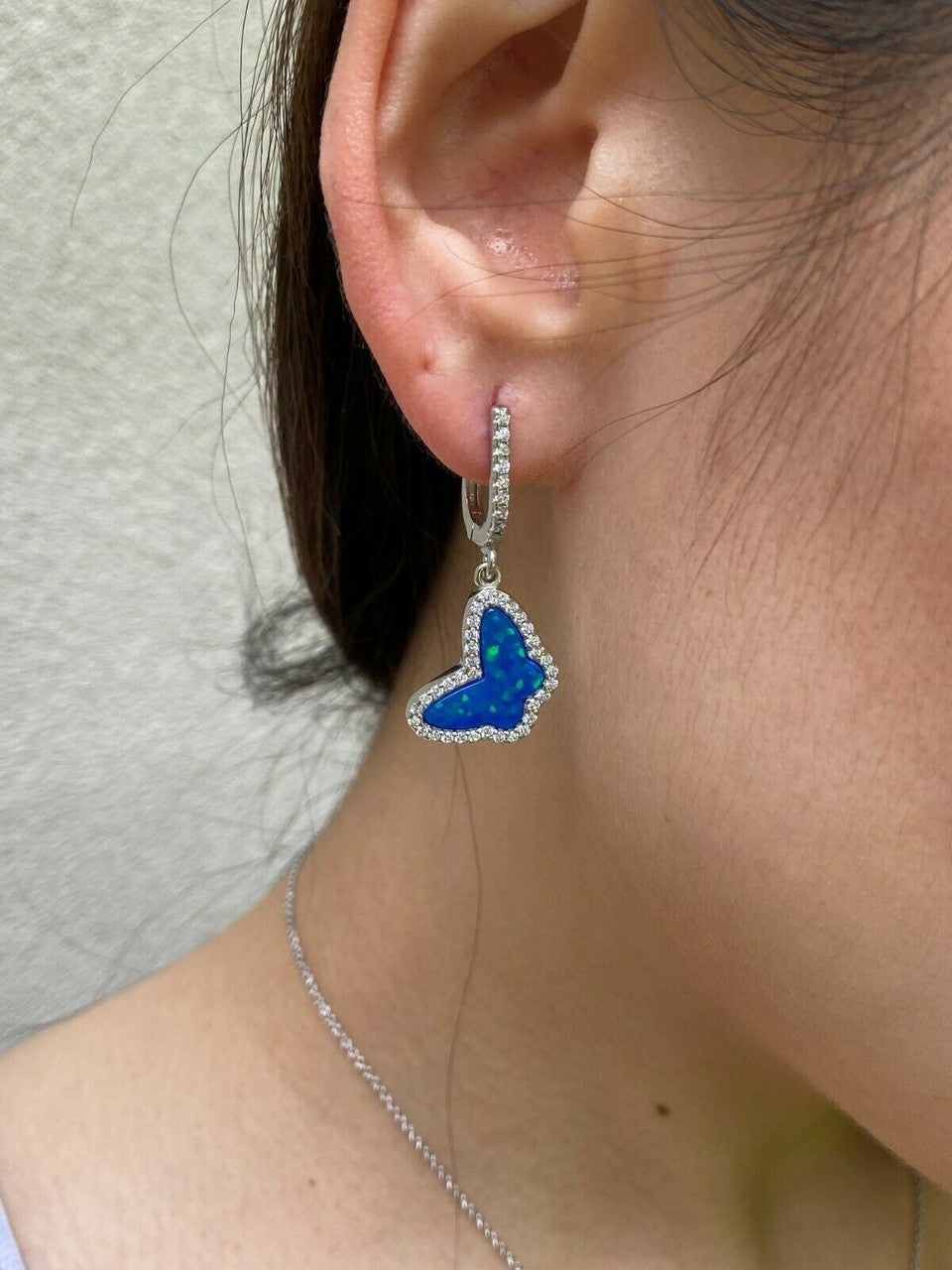 HarlemBling Real 925 Sterling Silver Butterfly Blue Opal Ring Necklace and Earrings Ladies Set