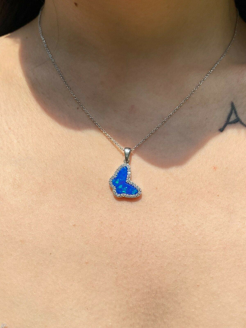 HarlemBling Real 925 Sterling Silver Butterfly Blue Opal Ring Necklace and Earrings Ladies Set