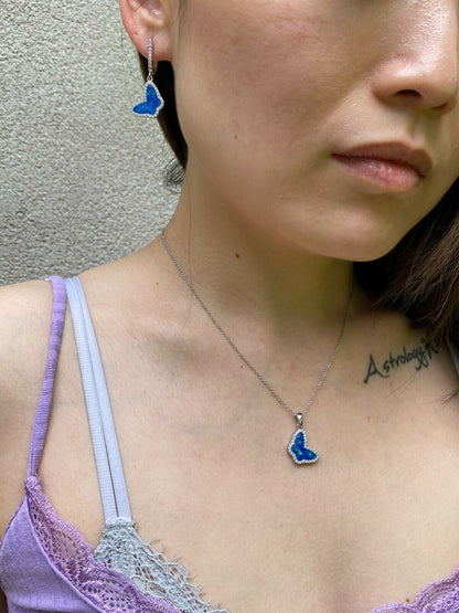 HarlemBling Real 925 Sterling Silver Butterfly Blue Opal Ring Necklace and Earrings Ladies Set