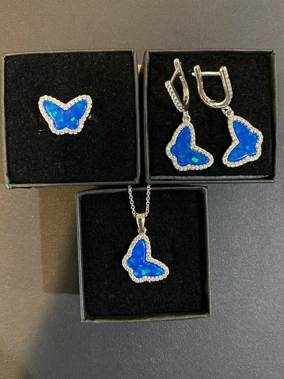 HarlemBling Real 925 Sterling Silver Butterfly Blue Opal Ring Necklace and Earrings Ladies Set
