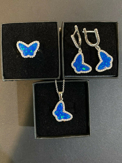 HarlemBling Real 925 Sterling Silver Butterfly Blue Opal Ring Necklace and Earrings Ladies Set