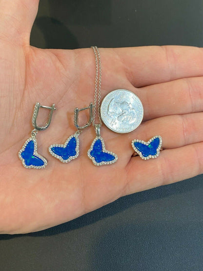 HarlemBling Real 925 Sterling Silver Butterfly Blue Opal Ring Necklace and Earrings Ladies Set