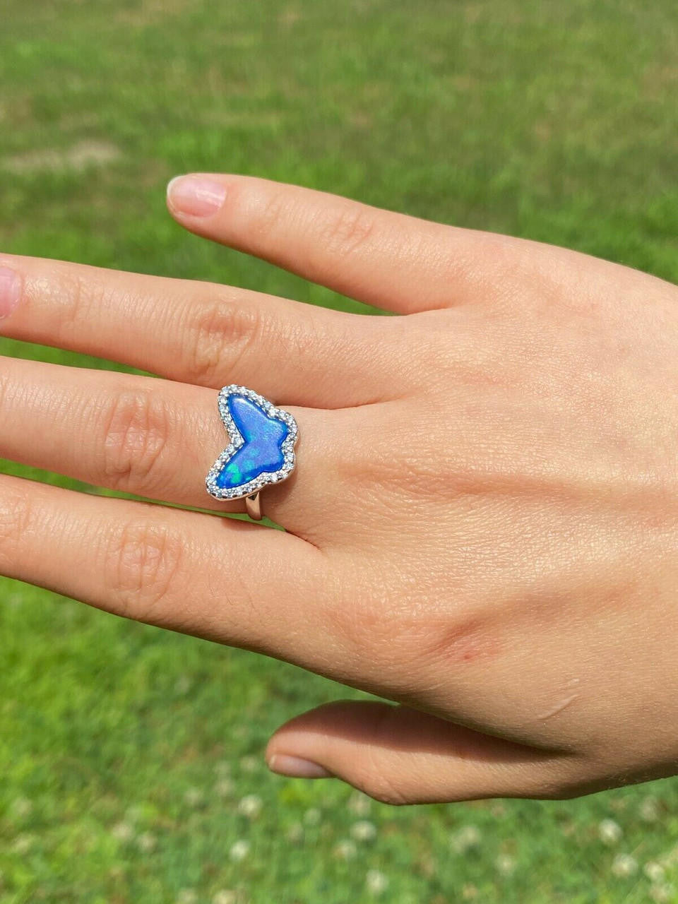 HarlemBling Real 925 Sterling Silver Butterfly Blue Opal Ring Necklace and Earrings Ladies Set