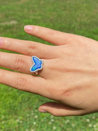 HarlemBling Real 925 Sterling Silver Butterfly Blue Opal Ring Necklace and Earrings Ladies Set